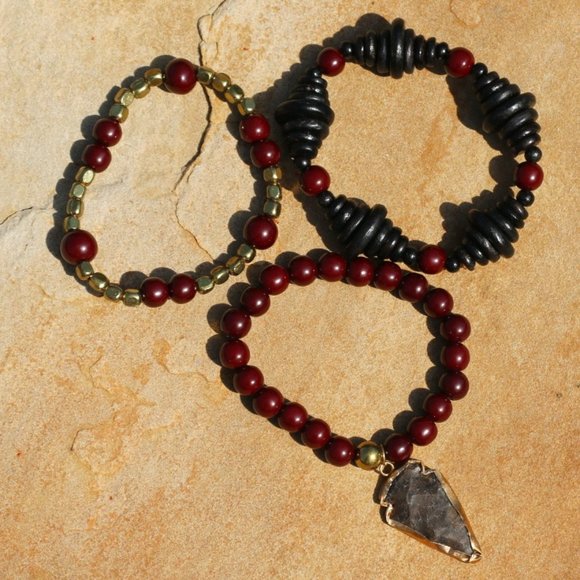 COPY - Handmade Ethnic Bracelet Stack Boho Stretch Wood & Bead Tassel Arrow Tri… - Picture 1 of 6